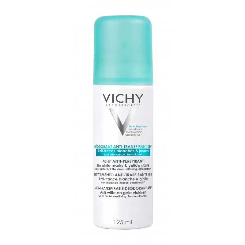 VICHY DEODORANT 48H ANTI-TRANSPIRANT ANTI-TRACES BLANCHES ET JAUNES AEROSOL 125ML
