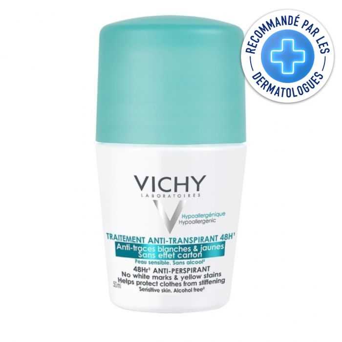 VICHY DEODORANT 48H ANTI-TRACES BLANCHES ET JAUNES ROLL-ON 50ML